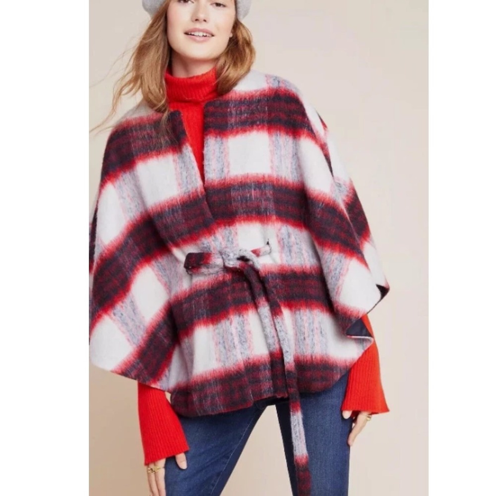 Anthropologie Anderson & Lauth Olivia Cape One Size Wool Plaid Belted Outerwear